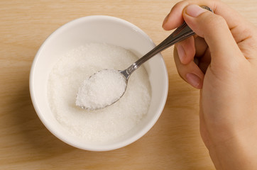 Fototapeta na wymiar The spoon of sugar in the bowl,food ingredient for cooking sweet or dessert