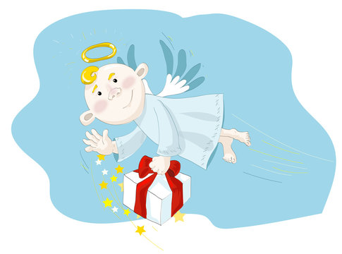Cute small angel flying on the blue sky 