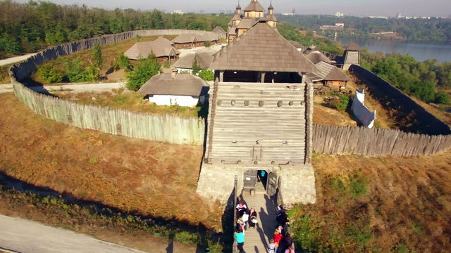 Khortytsya wooden castle - October 4: Aerial view:  central gates of Khortytsya wooden castle on October 4 2015. Khortytsya island, Zaporizzhya, Ukraine.