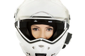 Sexy woman with motorcycle helmet.