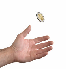 Mano recibiendo dinero, monedas de Euro.Concepto de dinero,pago.
