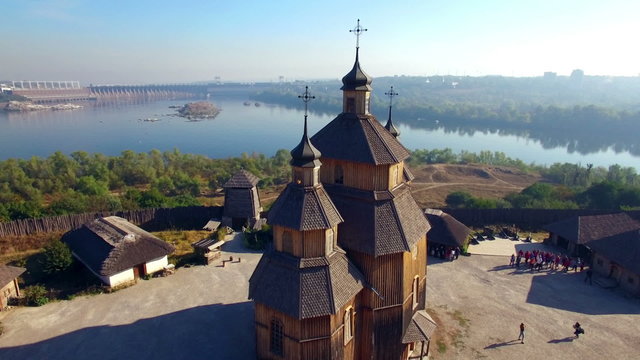Khortytsya wooden castle - October 4: Aerial view:  wooden church of Khortytsya wooden castle on October 4 2015. Khortytsya island, Zaporizzhya, Ukraine.