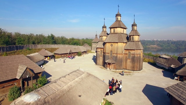 Khortytsya wooden castle - October 4: Aerial view:  wooden church of Khortytsya wooden castle on October 4 2015. Khortytsya island, Zaporizzhya, Ukraine.
