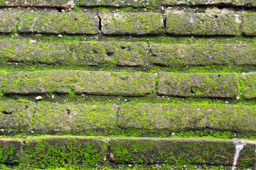 Brown brick wall with moss in a contemporary old Thai temple