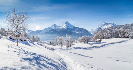 Fototapeta na wymiar Winter wonderland in the Alps with trail