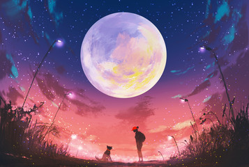Fototapeta premium young woman with dog at beautiful night with huge moon above,illustration painting