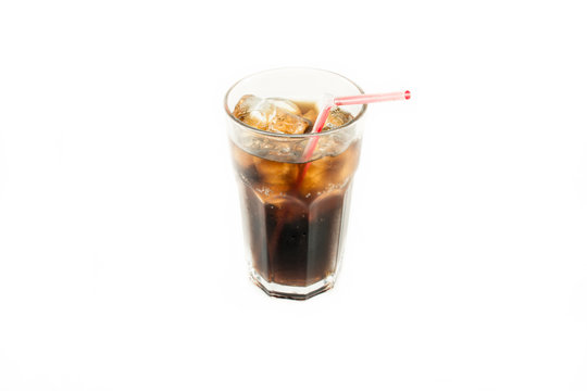 Glass of cola red straw with roll ice isolate white background