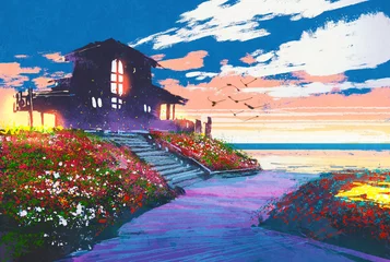 Tuinposter painting of seascape with beach house and colorful flowers at background © grandfailure