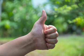 Plump body women hand showing thumb up, with nature blur in back