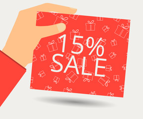 Hand holds a 15 percent discount on the price. Special offer for holidays and weekends. Card with a seamless pattern of gift boxes. Design element in a flat style.