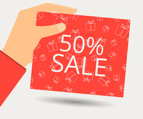Hand holds a 50 percent discount on the price. Special offer for holidays and weekends. Card with a seamless pattern of gift boxes. Design element in a flat style.