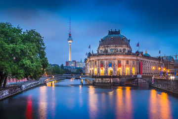 Berlin Museumsinsel with TV tower and Spree river at night, Germany