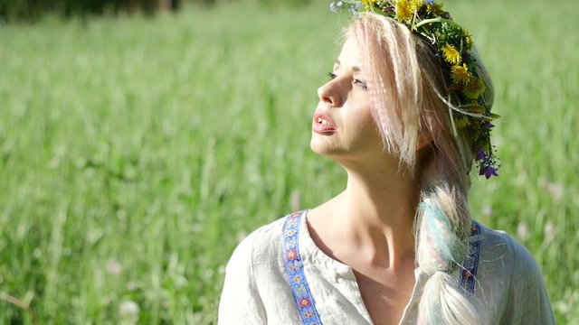 Ethnic wear girl at summer meadow
