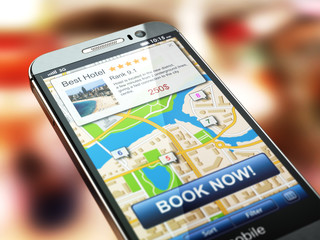 Fototapeta na wymiar Online accommodation booking concept. Smartphone and system hot