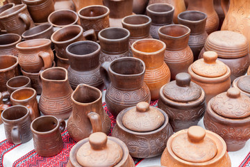Ukrainian traditional handmade ceramic on decorative towel
