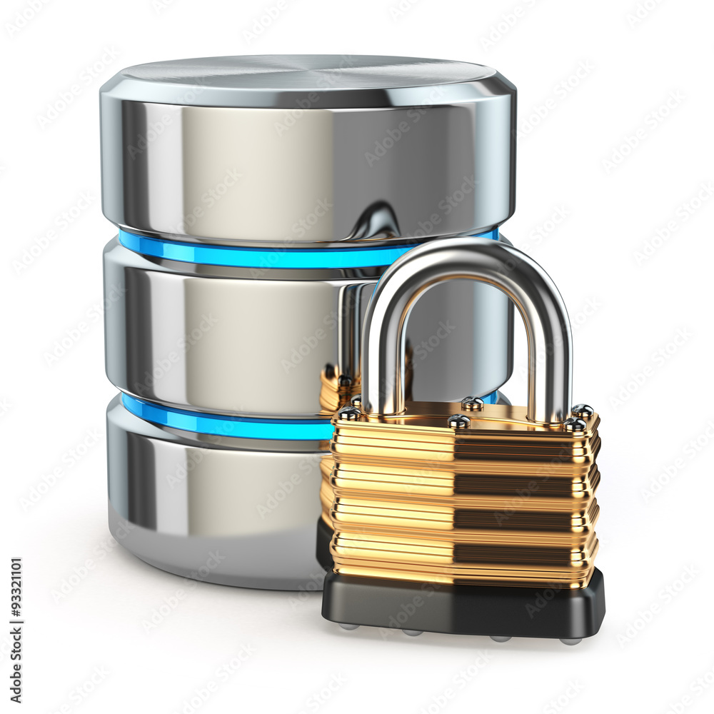 Poster Database storage security concept. Disk with lock,