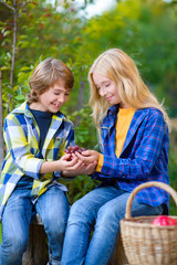 happy kids eating fruits from picnic basket sitting on fence