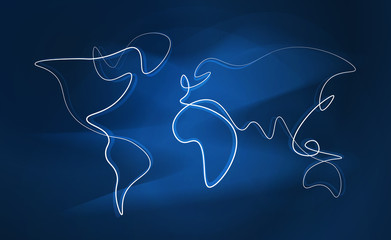Light streak world map. Abstract line drawing of the world on soft blue background 