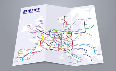 Europe subway map. Folded paper map of a fictional european subway system.
