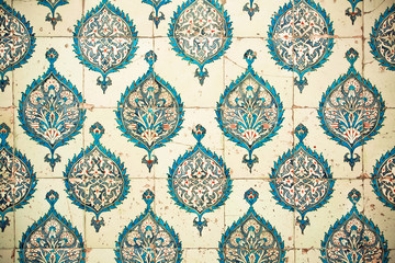 Repeating patterns on ceramic tiles in Ottoman style, 15th century Topkapi Palace, Turkey. 