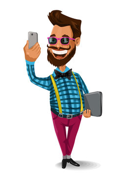 hipster man  with smartphone phone  make photo of himself.man