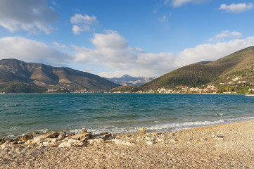 Fototapeta na wymiar View of Bay of Kotor near Tivat city in winter, Montenegro