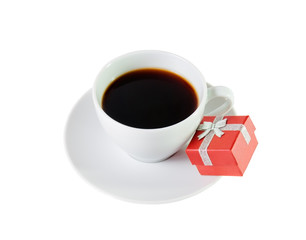 White coffee cup and gift box . Isolated on white 