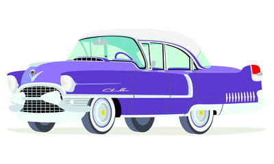 Caricatura Cadillac Fleetwood Sedán 1955 violeta vista frontal y lateral