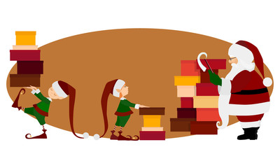 Santa Claus and Christmas elves with gifts