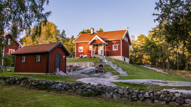 Red cottage on the island Harstena in Sweden, principally known