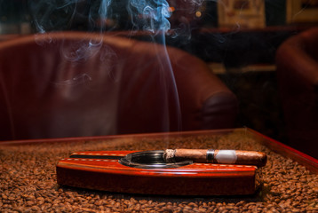 a smoking expensive cigars in the ashtray on the table