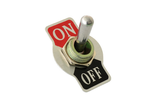 Closeup of toggle switch for power on off electric circuit isolated in white background