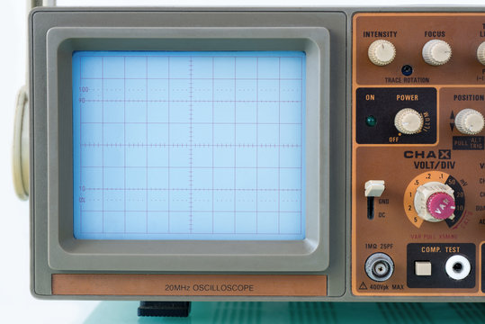 Closeup of CRT display monitor and control panel of an old oscilloscope