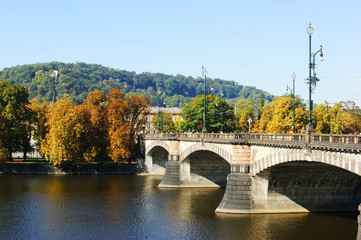 Fototapeta na wymiar Vltava River, cityscape, autumn in Prague