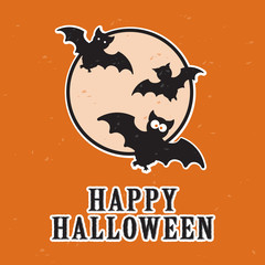 Fun cartoon bats and full moon, happy Halloween card, two color illustration