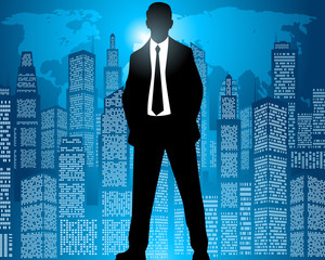 Businessman on city background