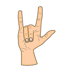 Horns hand, satan sign finger up gesture. Vector isolated on white background. Realistic cartoon illustration.