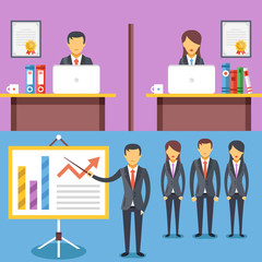 Office working, business presentation, business meeting flat illustration abstract concepts set