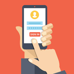 Sign in page on smartphone screen. Hand hold smartphone, finger touch sign in button. Mobile account