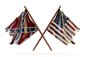 American civil war and merorial day concept, usa and confederate tattered flags isolated on white background
