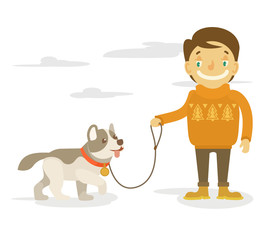 Vector boy with dog. Vector flat illustration