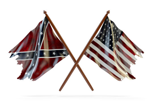 American Civil War And Merorial Day Concept, Usa And Confederate Tattered Flags Isolated On White Background
