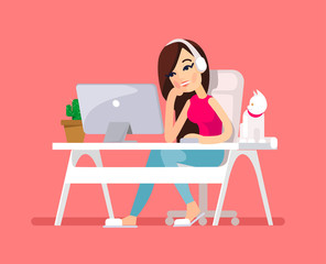 Woman sitting at desk. Vector flat illustration