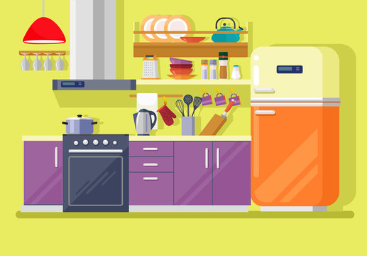 Kitchen with furniture. Vector flat illustration