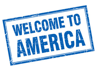 America blue square grunge welcome isolated stamp