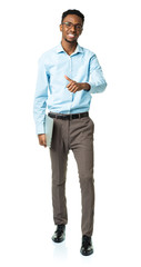 Fototapeta premium Happy african american college student with laptop standing on w