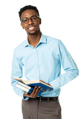 Happy african american college student standing with books in hi