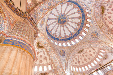 Sights of Turkey. Blue mosque in Istanbul. Interior of Turkish monument.