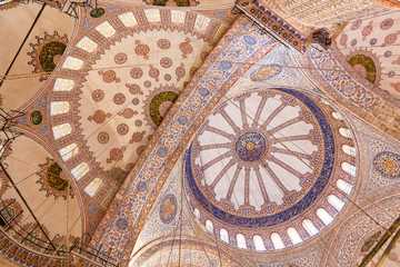 Naklejka premium Sights of Turkey. Blue mosque in Istanbul. Interior of Turkish monument.