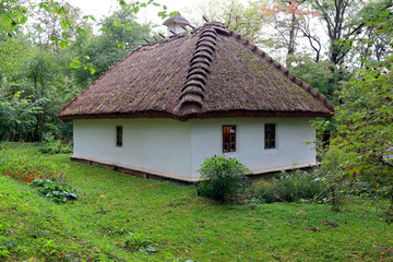 Fototapeta na wymiar Traditional Ukrainian rural house with reeds roof